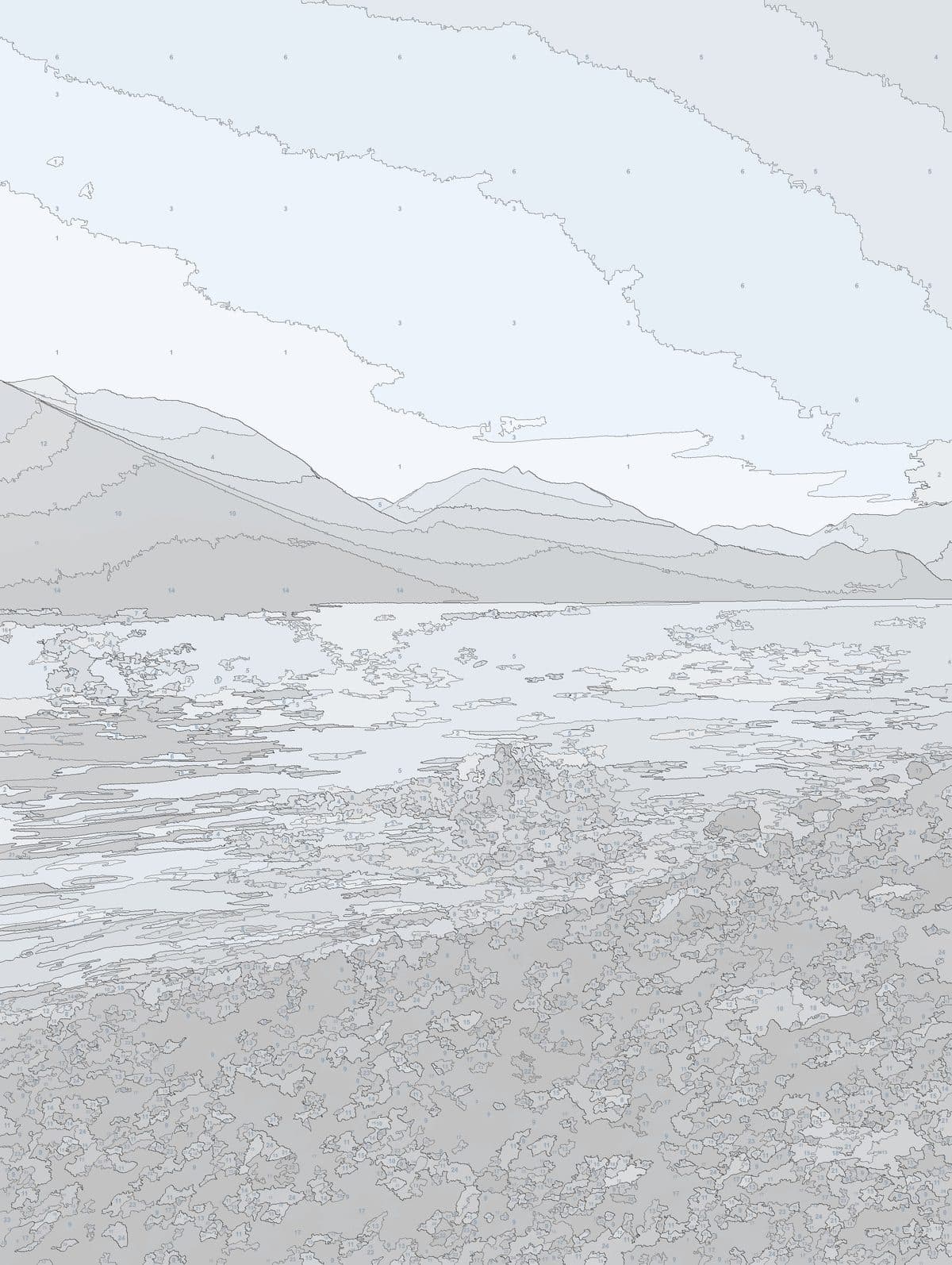 The same lake photo converted into numbered painting sections
